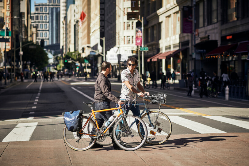 Men with their bicycles in downtown Los Angeles 
