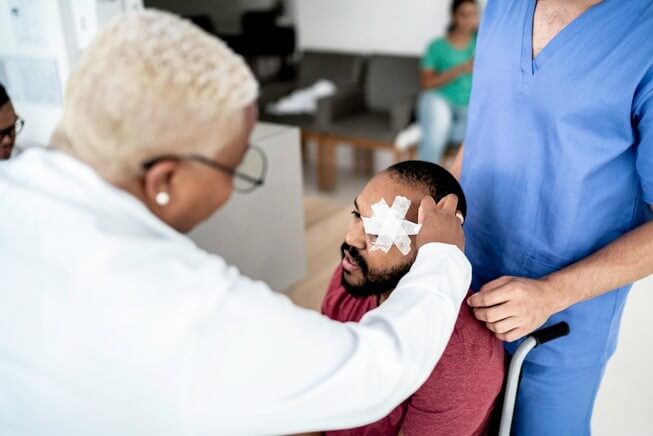 Doctor examines patient after eye injury 